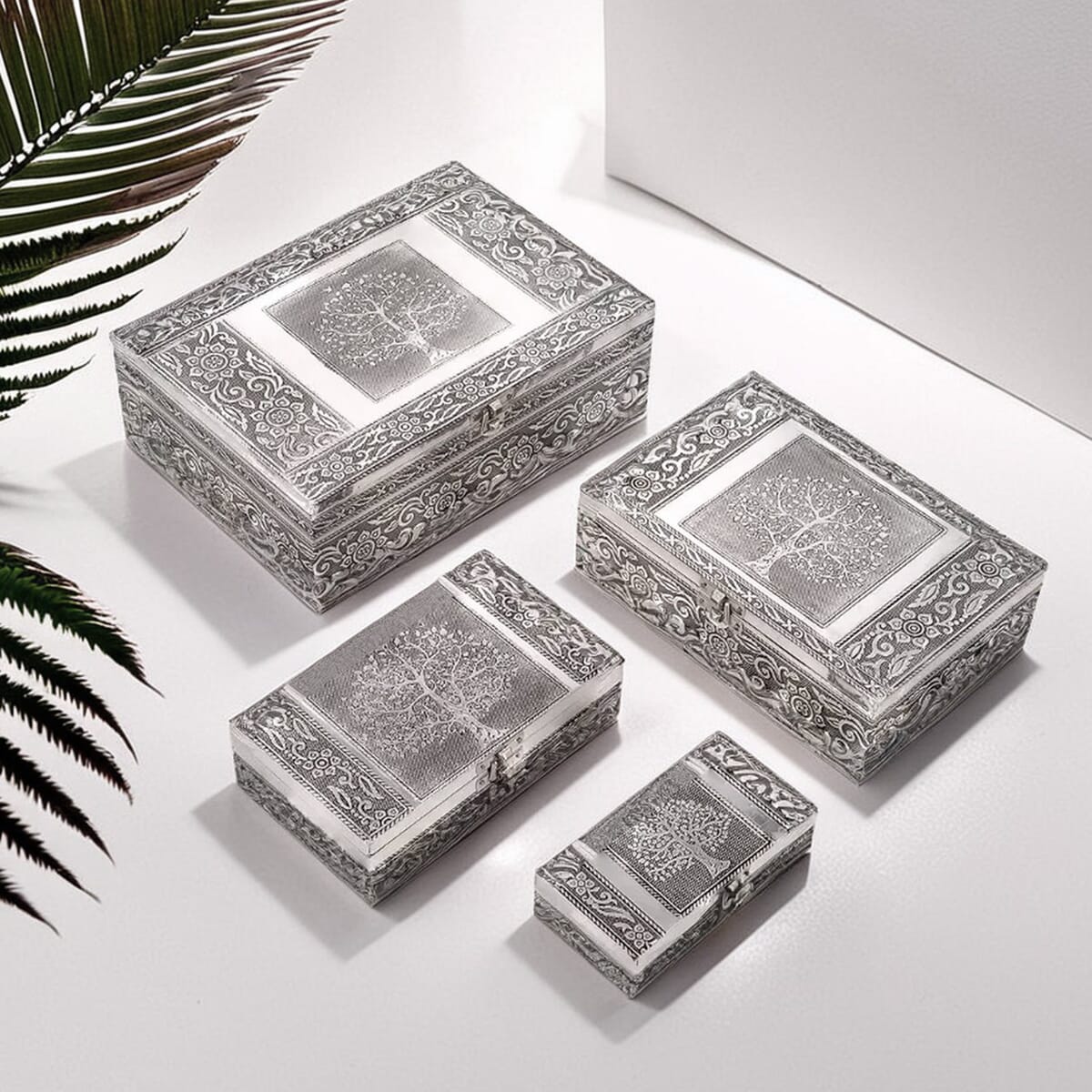 Tree Embossed Aluminium Oxidized Set of 4 Nesting Storage Box image number 1