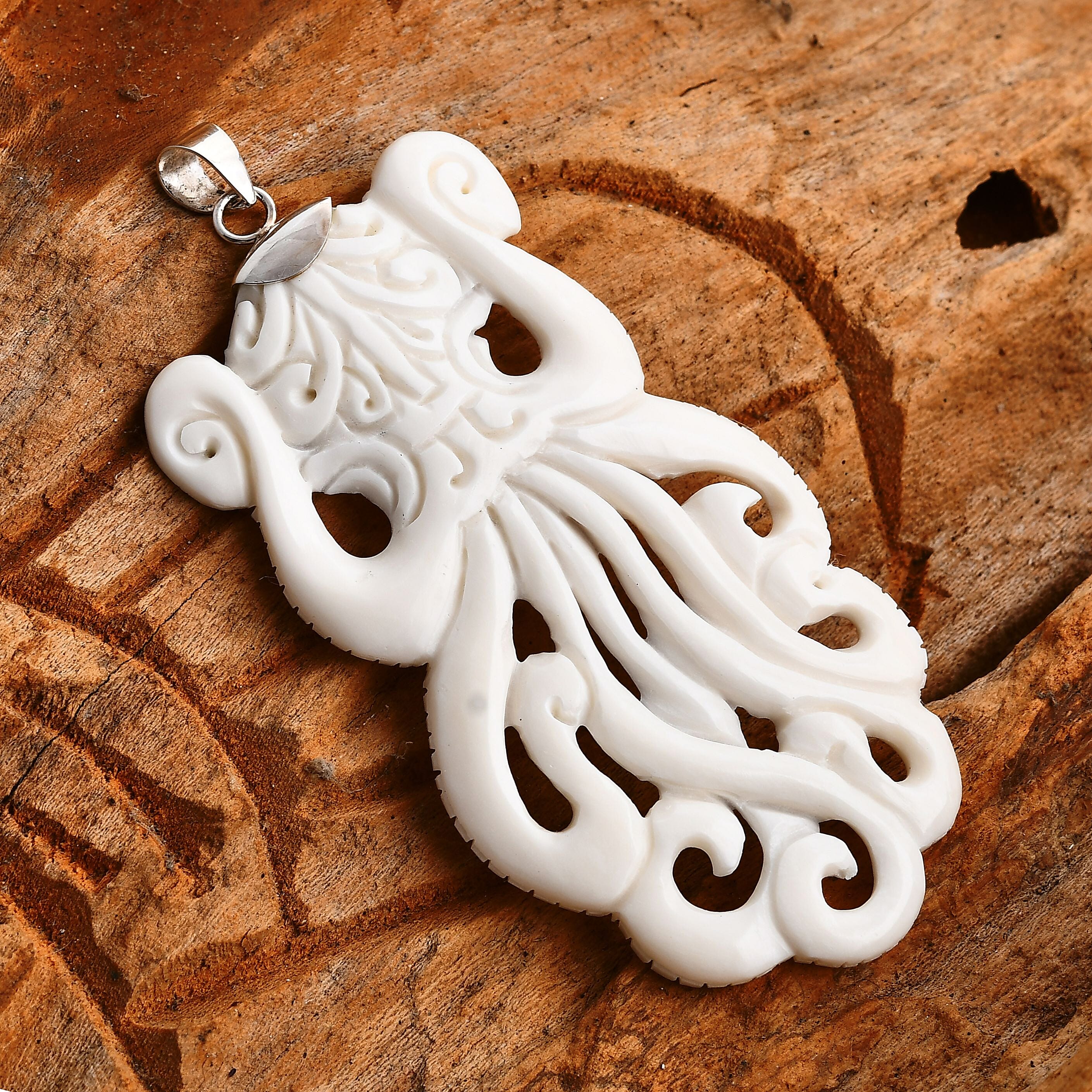 Carved Bone Octopus Motif 68.50 ctw Pendant in Sterling Silver
