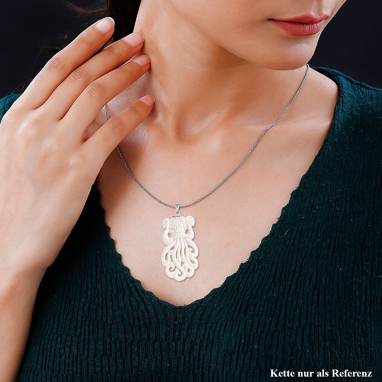 Carved Bone Octopus Motif 68.50 ctw Pendant in Sterling Silver