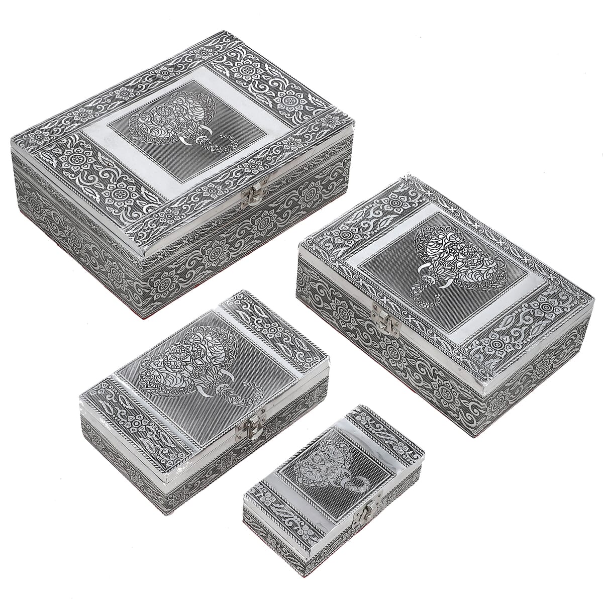 Elephant Embossed Aluminium Oxidized Set of 4 Nesting Storage Box image number 0