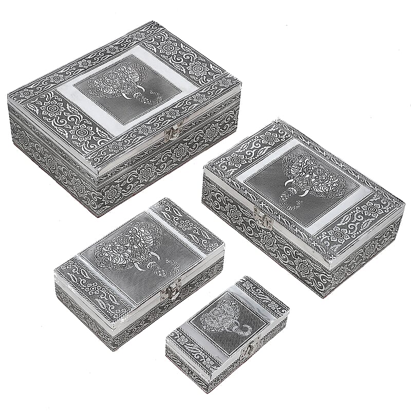 Elephant Embossed Aluminium Oxidized Set of 4 Nesting Storage Box