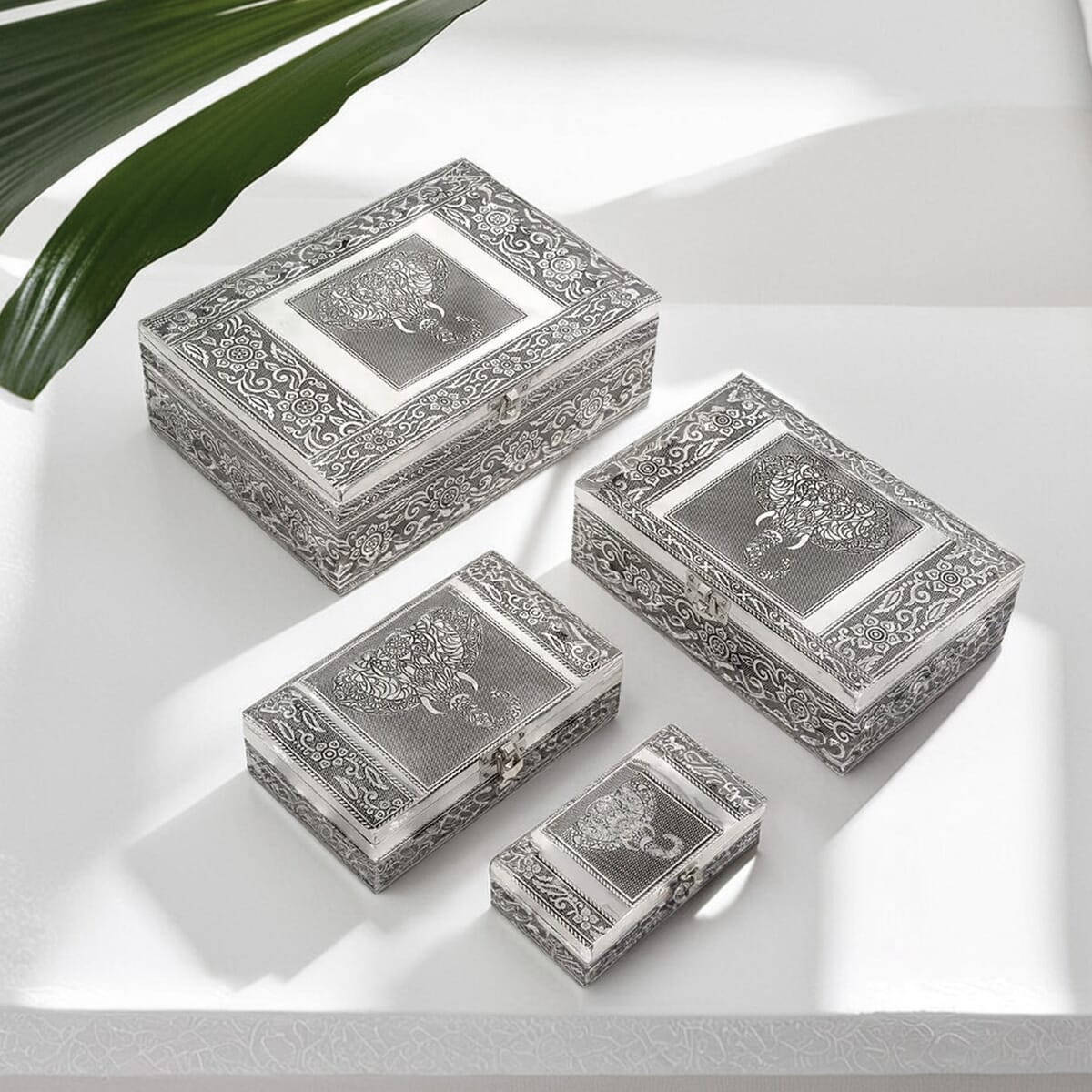 Elephant Embossed Aluminium Oxidized Set of 4 Nesting Storage Box image number 1