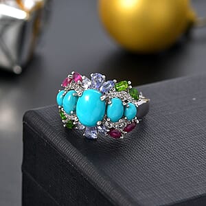 D'Joy Sleeping Beauty Turquoise and Multi Gemstone 4.75 ctw Ocean Bloom Ring in Rhodium Over Sterling Silver (Size 10.0)