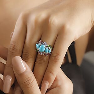 D'Joy Sleeping Beauty Turquoise and Multi Gemstone 4.75 ctw Ocean Bloom Ring in Rhodium Over Sterling Silver (Size 10.0)