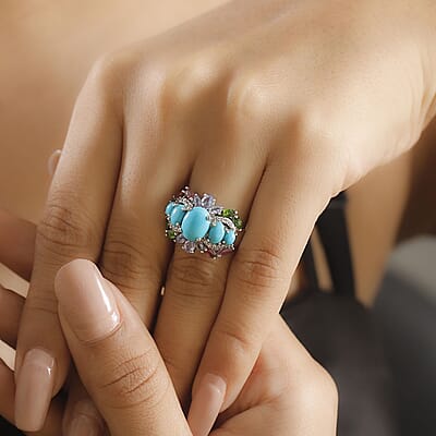 D'Joy Sleeping Beauty Turquoise and Multi Gemstone 4.75 ctw Ocean Bloom Ring in Rhodium Over Sterling Silver (Size 10.0)