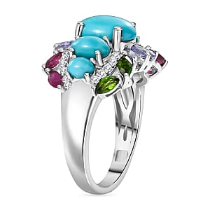 D'Joy Sleeping Beauty Turquoise and Multi Gemstone 4.75 ctw Ocean Bloom Ring in Rhodium Over Sterling Silver (Size 10.0)