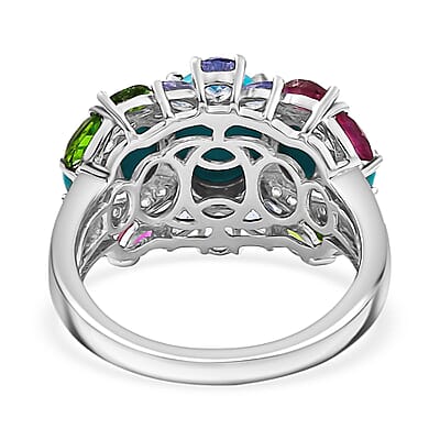 D'Joy Sleeping Beauty Turquoise and Multi Gemstone 4.75 ctw Ocean Bloom Ring in Rhodium Over Sterling Silver (Size 10.0)