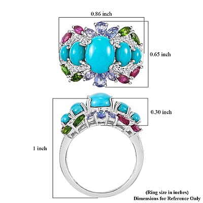 D'Joy Sleeping Beauty Turquoise and Multi Gemstone 4.75 ctw Ocean Bloom Ring in Rhodium Over Sterling Silver (Size 10.0)