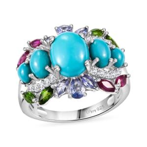 Sleeping Beauty Turquoise and Multi Gemstone 4.75 ctw Ocean Bloom Ring in Rhodium Over Sterling Silver (Size 7.0)