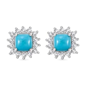 Sleeping Beauty Turquoise and White Zircon 1.10 ctw Sunburst Earrings in Rhodium Over Sterling Silver