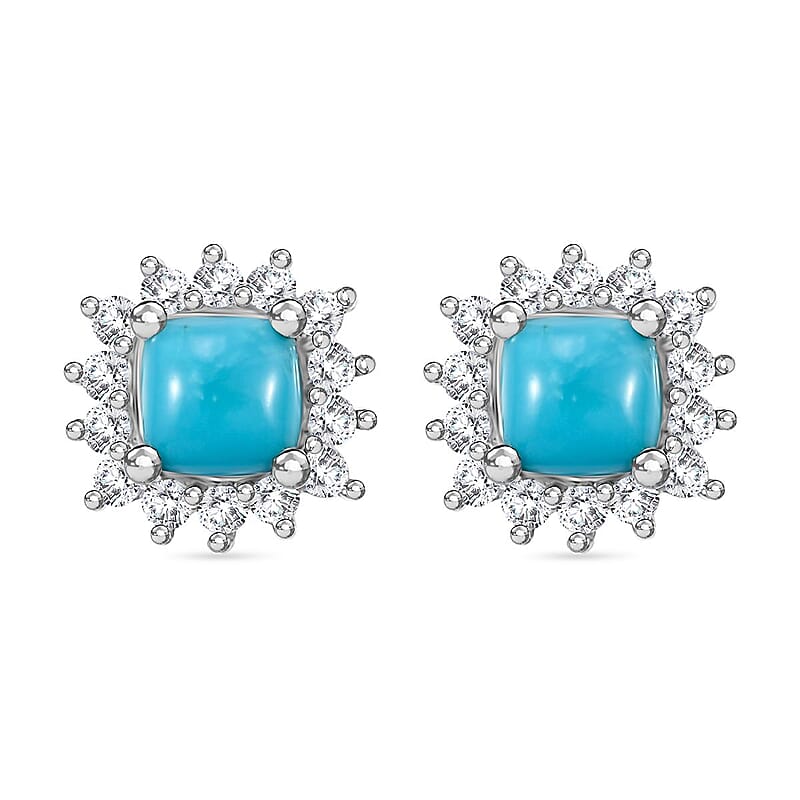 D'Joy Sleeping Beauty Turquoise and White Zircon 1.10 ctw Sunburst Earrings in Rhodium Over Sterling Silver