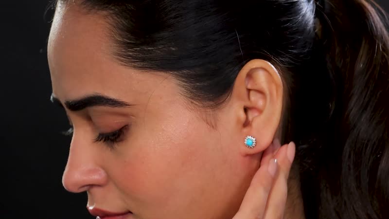 D'Joy Sleeping Beauty Turquoise and White Zircon 1.10 ctw Sunburst Earrings in Rhodium Over Sterling Silver