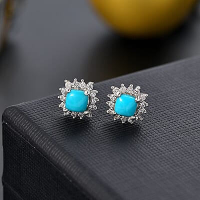 D'Joy Sleeping Beauty Turquoise and White Zircon 1.10 ctw Sunburst Earrings in Rhodium Over Sterling Silver