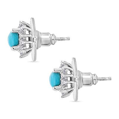 D'Joy Sleeping Beauty Turquoise and White Zircon 1.10 ctw Sunburst Earrings in Rhodium Over Sterling Silver