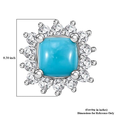 D'Joy Sleeping Beauty Turquoise and White Zircon 1.10 ctw Sunburst Earrings in Rhodium Over Sterling Silver