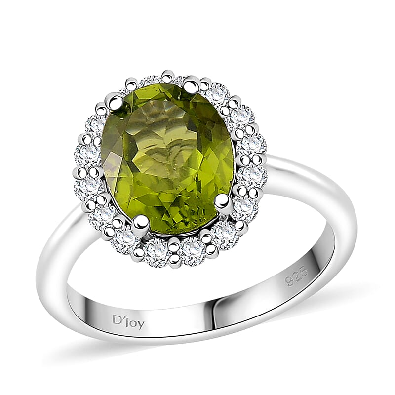 D'Joy Hebei Peridot and White Zircon 3.40 ctw Halo Ring in Rhodium Over Sterling Silver (Size 10.0)