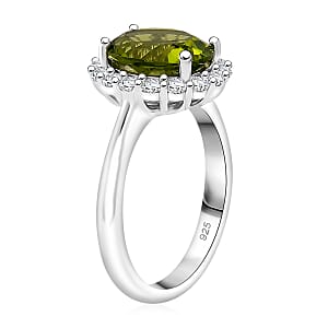 D'Joy Hebei Peridot and White Zircon 3.40 ctw Halo Ring in Rhodium Over Sterling Silver (Size 10.0)