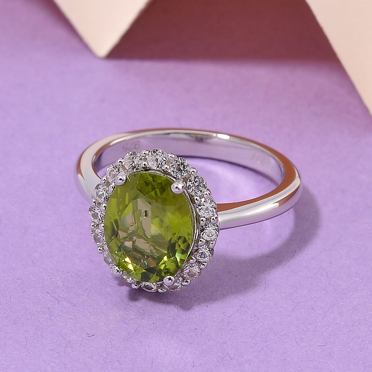 D'Joy Hebei Peridot and White Zircon 3.40 ctw Halo Ring in Rhodium Over Sterling Silver (Size 7.0) image number 1