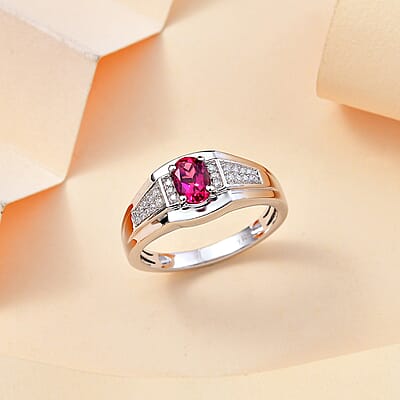 Luxuriant Premium Bixbite (LG) and Moissanite 1.00 ctw Men's Ring in Rhodium Over Sterling Silver (Size 10.0)