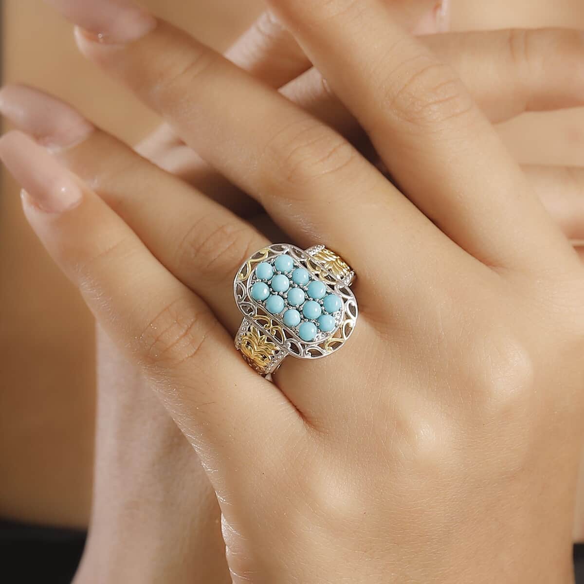 Lagoon Turquoise Cluster Ring in 18K Vermeil YG and Rhodium Over Sterling Silver (Size 10.0) 1.70 ctw image number 2