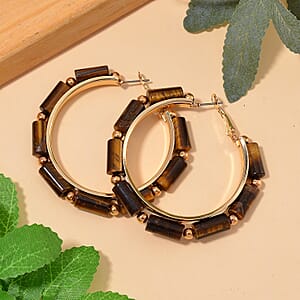 Yellow Tigers Eye 50.00 ctw Hoop Earrings in Goldtone 