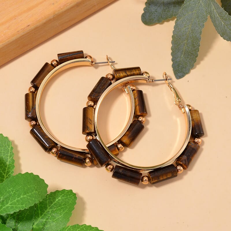 Yellow Tigers Eye 50.00 ctw Hoop Earrings in Goldtone