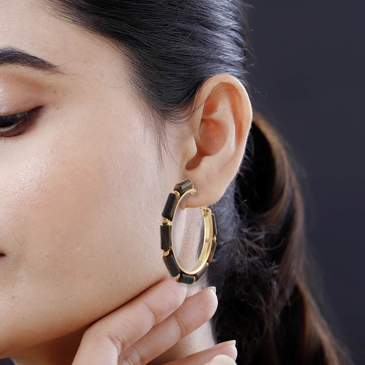 Yellow Tigers Eye 50.00 ctw Hoop Earrings in Goldtone  image number 2