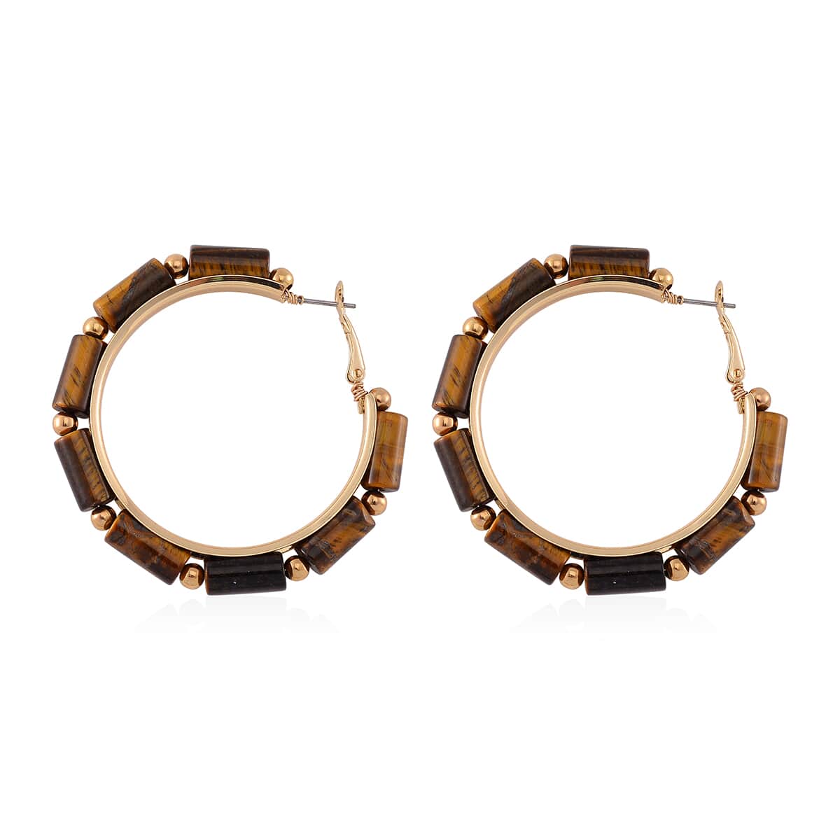 Yellow Tigers Eye 50.00 ctw Hoop Earrings in Goldtone  image number 3