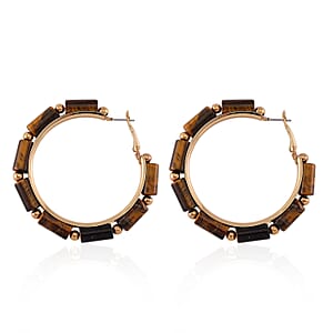 Yellow Tigers Eye 50.00 ctw Hoop Earrings in Goldtone 