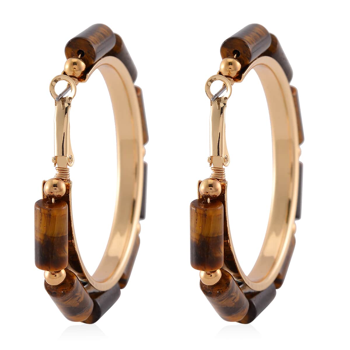 Yellow Tigers Eye 50.00 ctw Hoop Earrings in Goldtone  image number 4