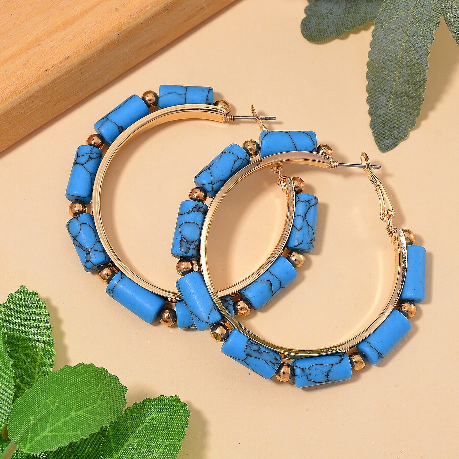 Blue Howlite 50.00 ctw Hoop Earrings in Goldtone