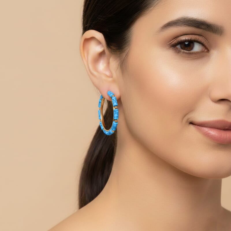Blue Howlite 50.00 ctw Hoop Earrings in Goldtone