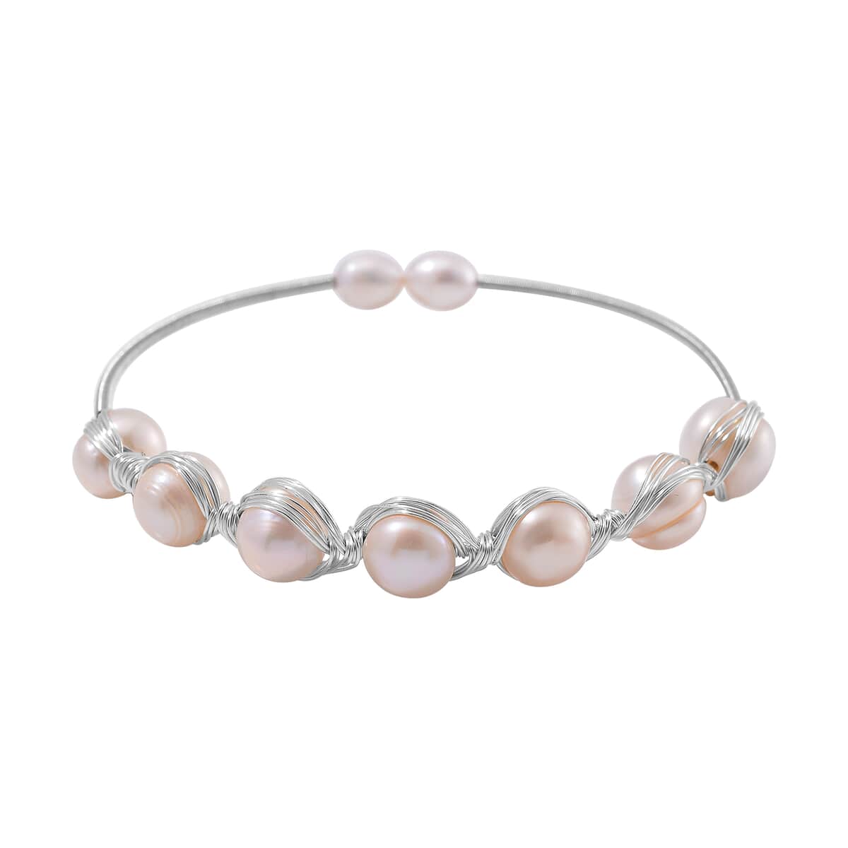 Freshwater Pearl Bangle Bracelet in Silvertone (Adjustable) image number 0