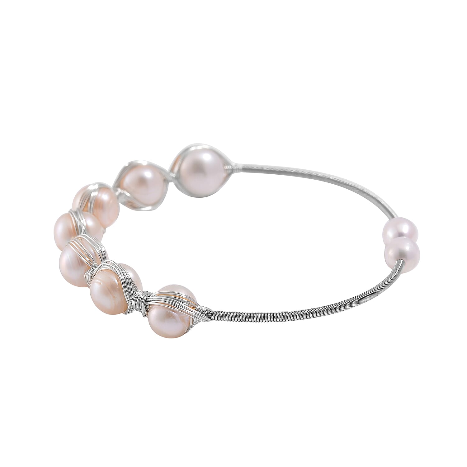 Freshwater Pearl Bangle Bracelet in Silvertone (Adjustable)