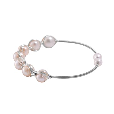 Freshwater Pearl Bangle Bracelet in Silvertone (Adjustable)