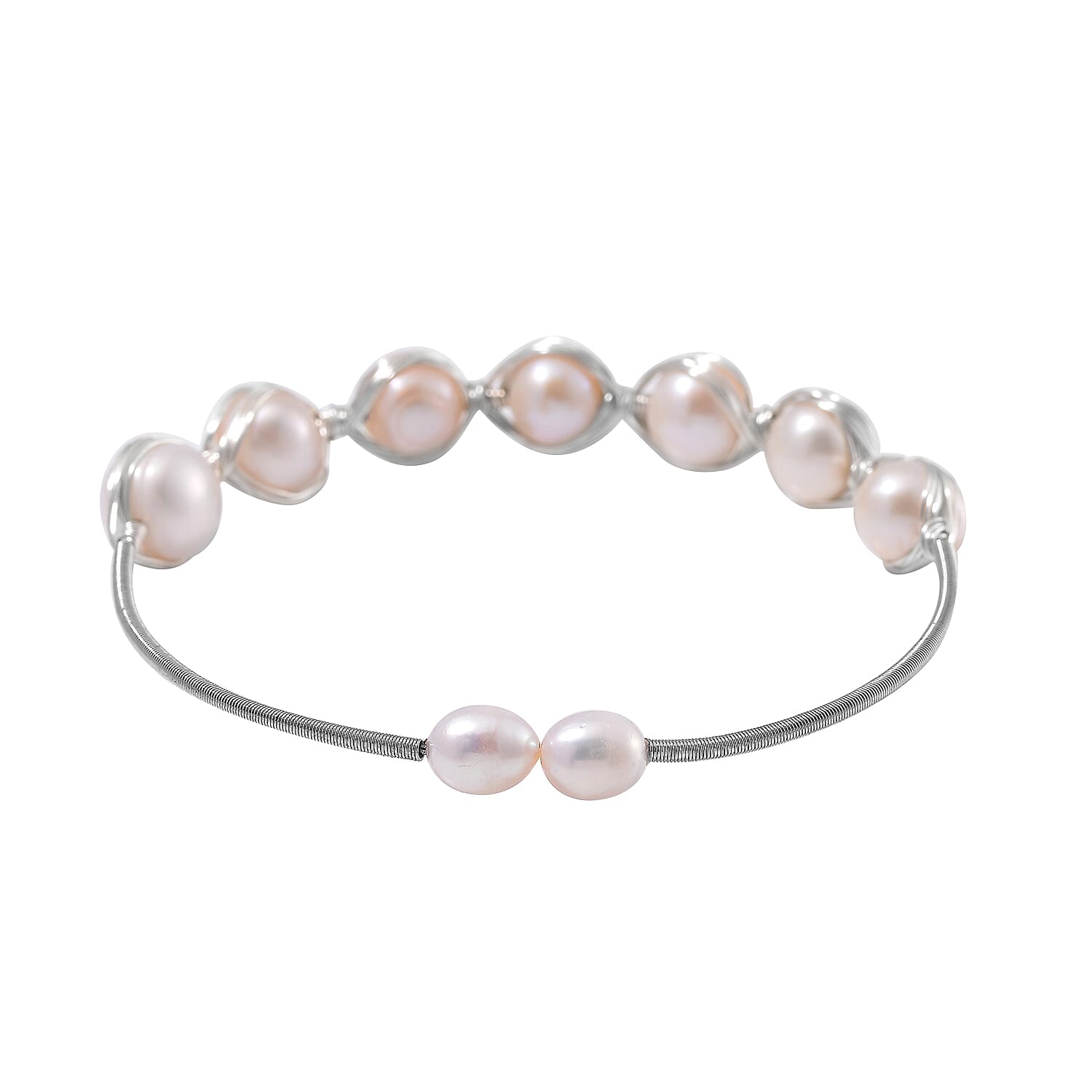 Freshwater Pearl Bangle Bracelet in Silvertone (Adjustable)