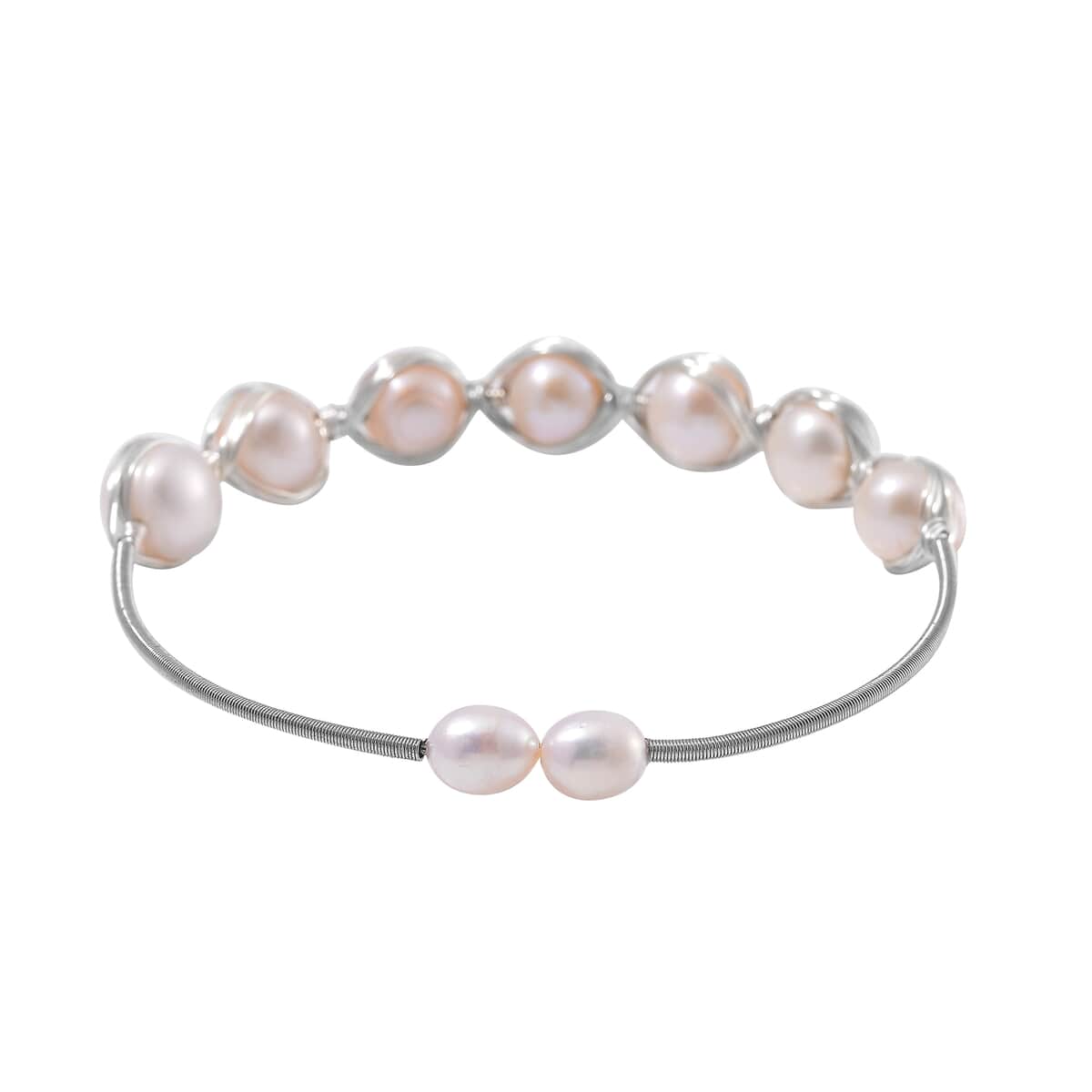 Freshwater Pearl Bangle Bracelet in Silvertone (Adjustable) image number 3