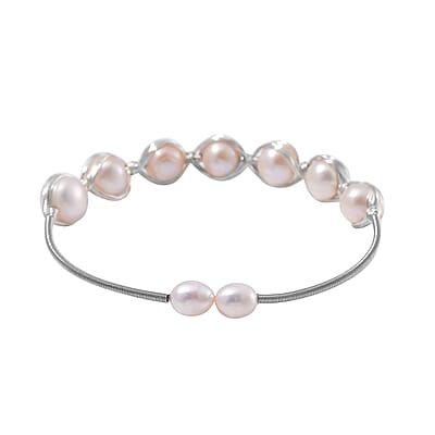 Freshwater Pearl Bangle Bracelet in Silvertone (Adjustable)