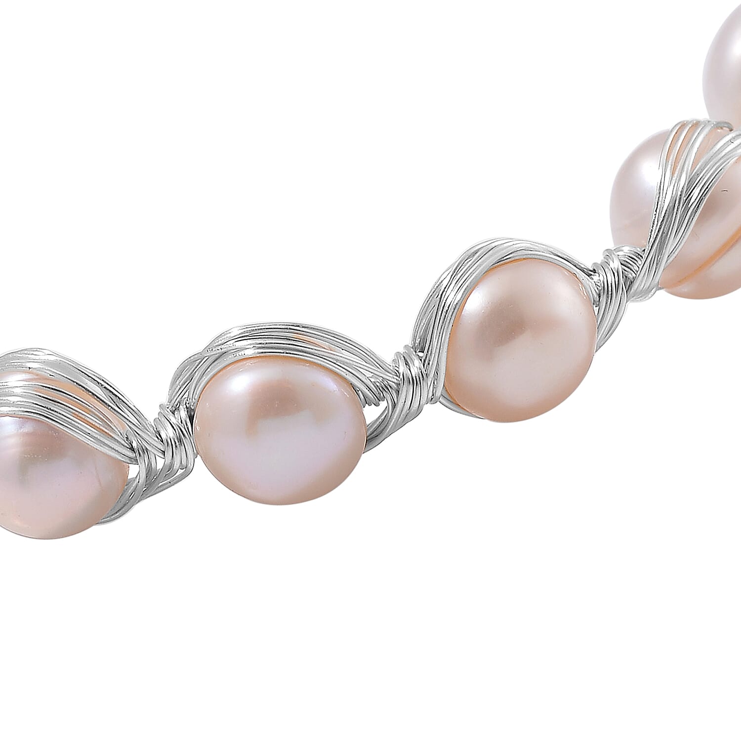 Freshwater Pearl Bangle Bracelet in Silvertone (Adjustable)