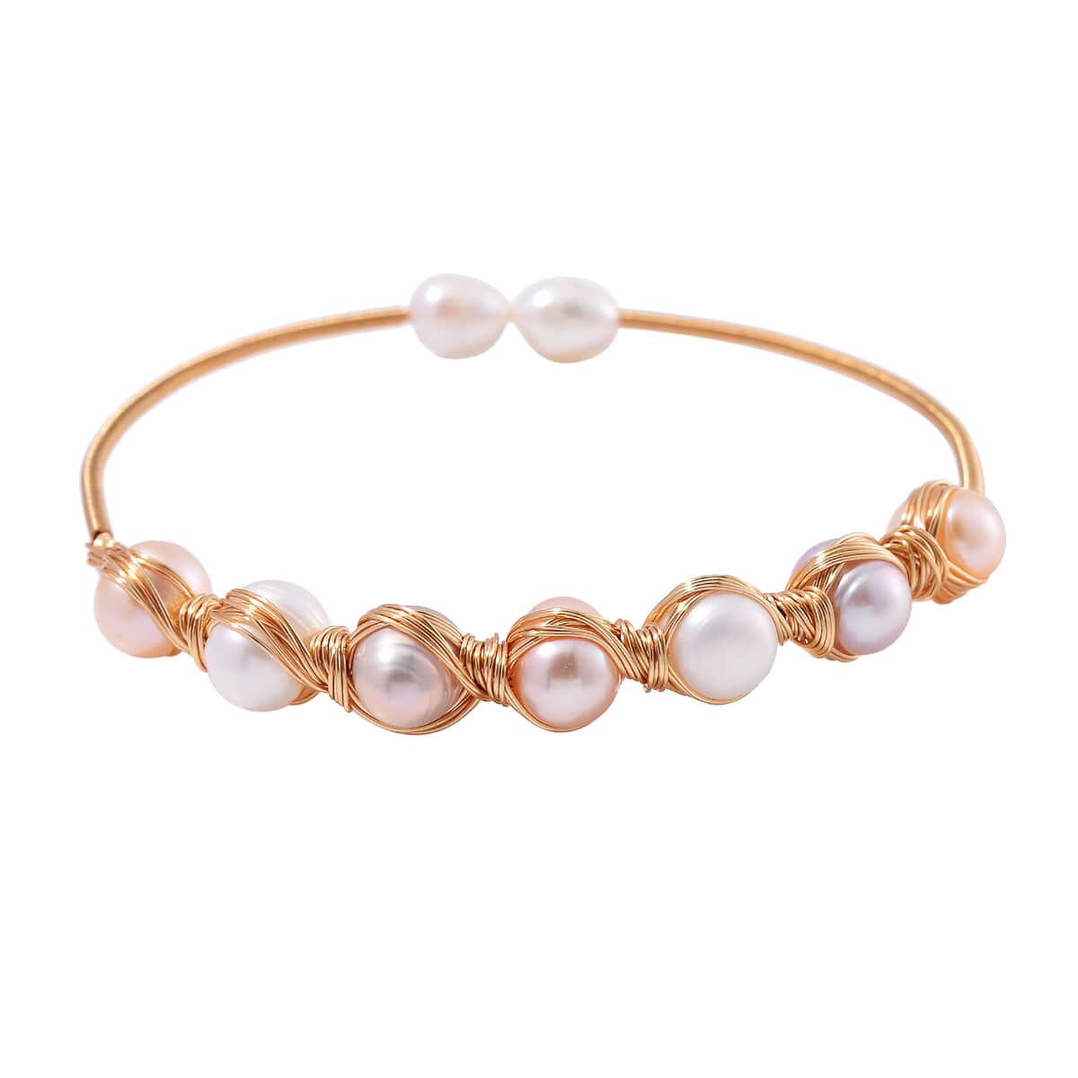 Multi Color Freshwater Pearl Bangle Bracelet in Goldtone (Adjustable) image number 0