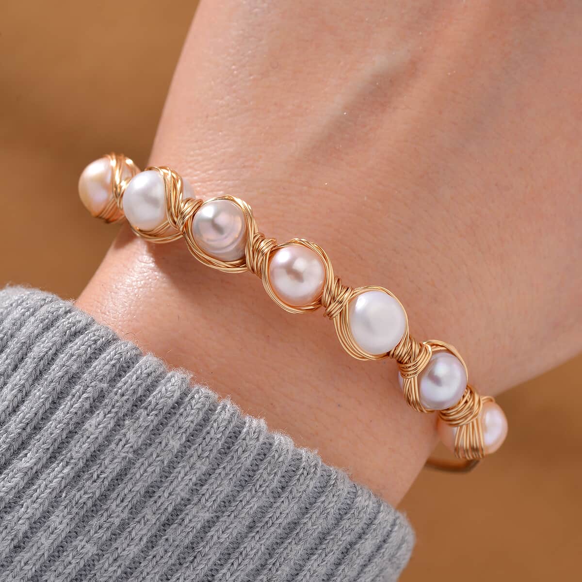 Multi Color Freshwater Pearl Bangle Bracelet in Goldtone (Adjustable) image number 1