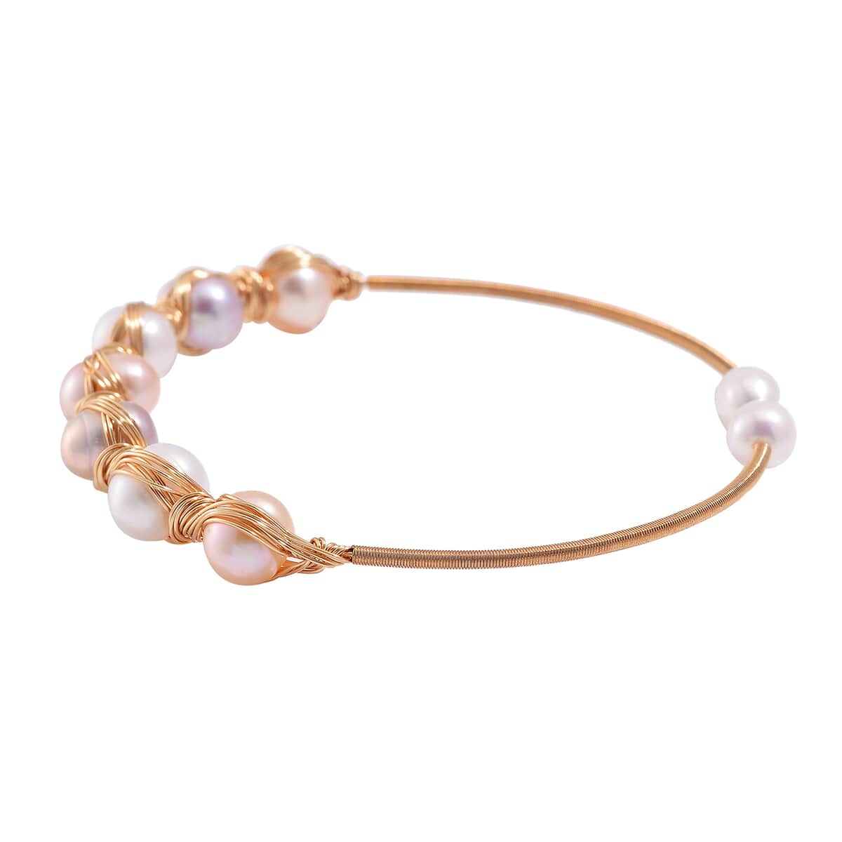 Multi Color Freshwater Pearl Bangle Bracelet in Goldtone (Adjustable) image number 2