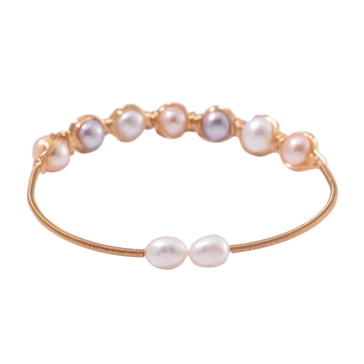 Multi Color Freshwater Pearl Bangle Bracelet in Goldtone (Adjustable) image number 3