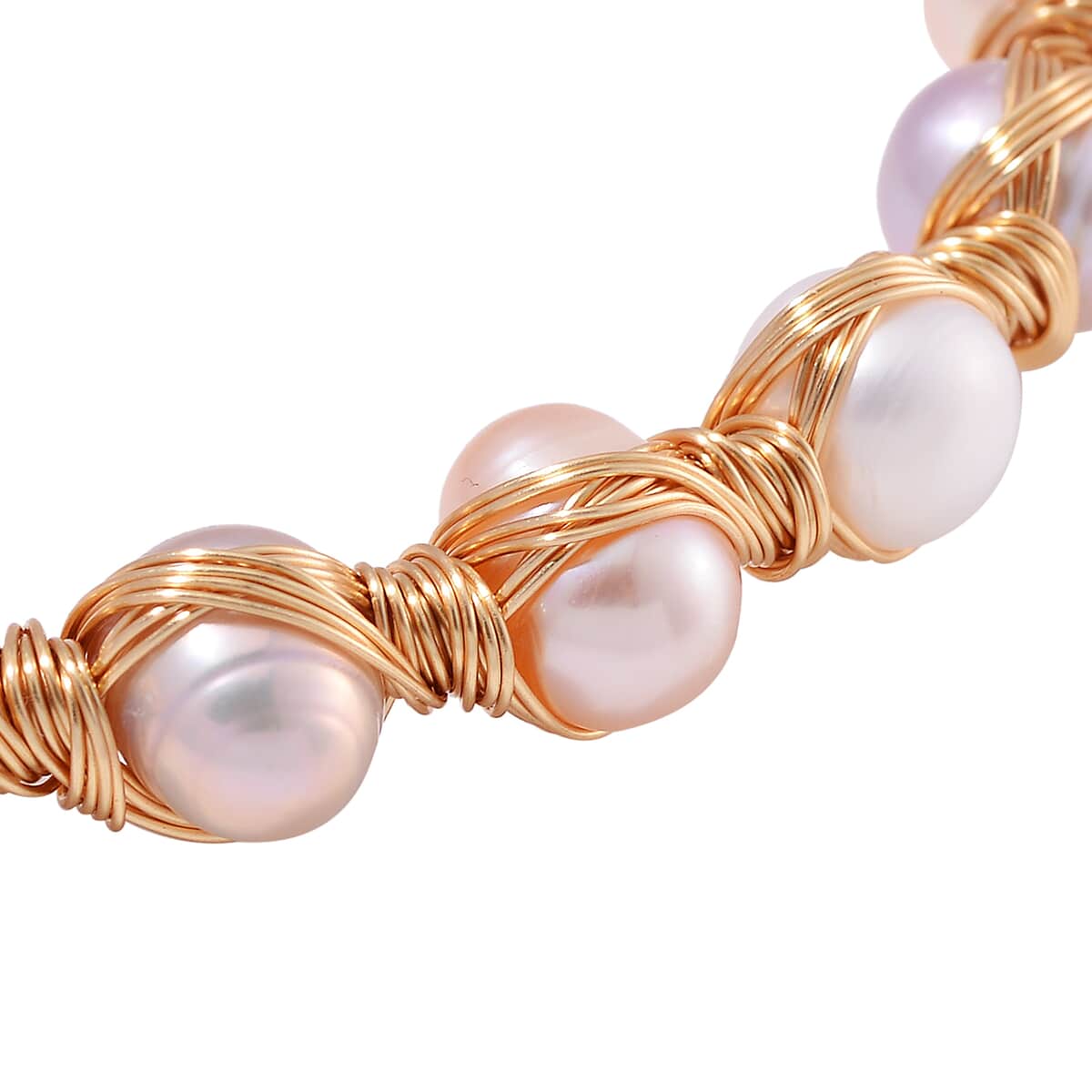 Multi Color Freshwater Pearl Bangle Bracelet in Goldtone (Adjustable) image number 4