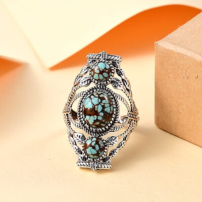 D'Joy Artisan Crafted Blue Horizon Turquoise 4.60 ctw Ring in Black Oxidized Sterling Silver (Size 10.0)