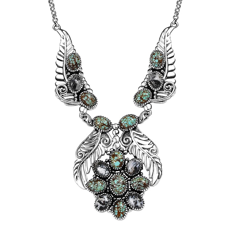 D'Joy Indian Artisan Crafted Blue Horizon Turquoise and White Buffalo 12.60 ctw Feather Necklace in Black Oxidized Sterling Silver 18-20 Inches
