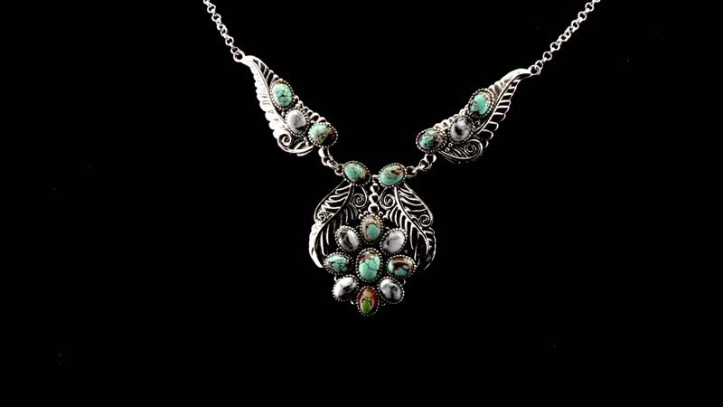 D'Joy Indian Artisan Crafted Blue Horizon Turquoise and White Buffalo 12.60 ctw Feather Necklace in Black Oxidized Sterling Silver 18-20 Inches