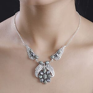 D'Joy Indian Artisan Crafted Blue Horizon Turquoise and White Buffalo 12.60 ctw Feather Necklace in Black Oxidized Sterling Silver 18-20 Inches