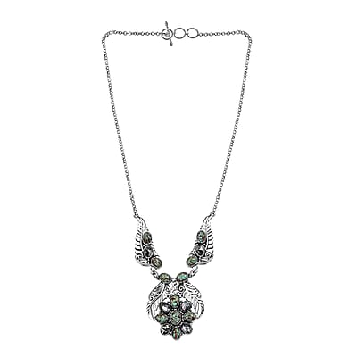 D'Joy Indian Artisan Crafted Blue Horizon Turquoise and White Buffalo 12.60 ctw Feather Necklace in Black Oxidized Sterling Silver 18-20 Inches