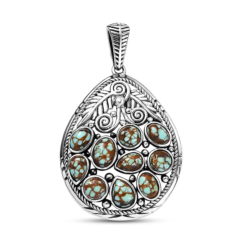 D'Joy Artisan Crafted Blue Horizon Turquoise 4.40 ctw Leaf Pendant without Chain in Black Oxidized Sterling Silver